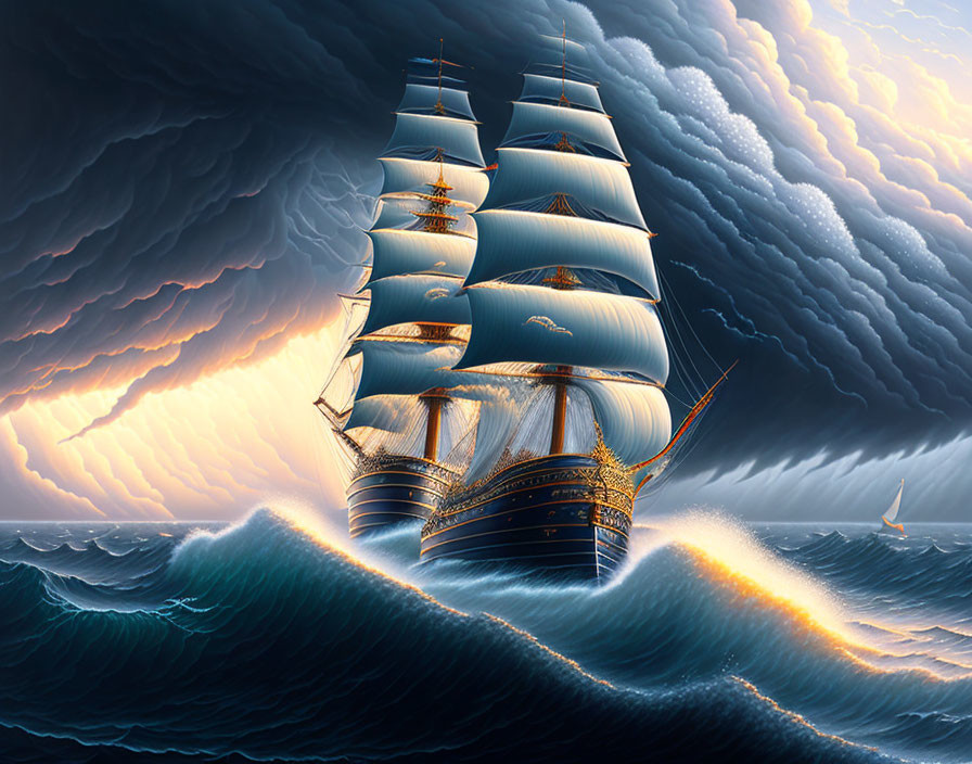 Sailing ship with white sails in stormy seas under dramatic sky