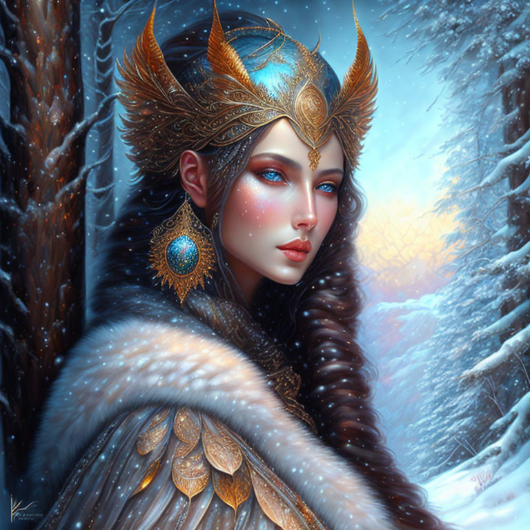 Fantasy illustration of woman with blue eyes and golden horned headgear in snowy forest