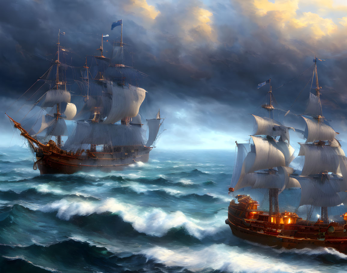 Majestic galleon ships with billowing sails in turbulent seas