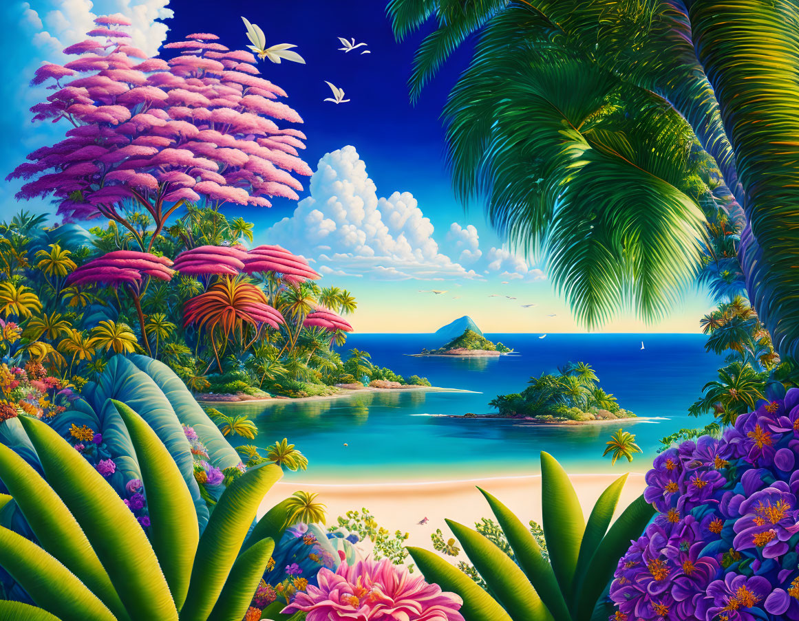 Tropical beach scene with lush foliage, pink trees, flowers, birds, calm sea, and distant
