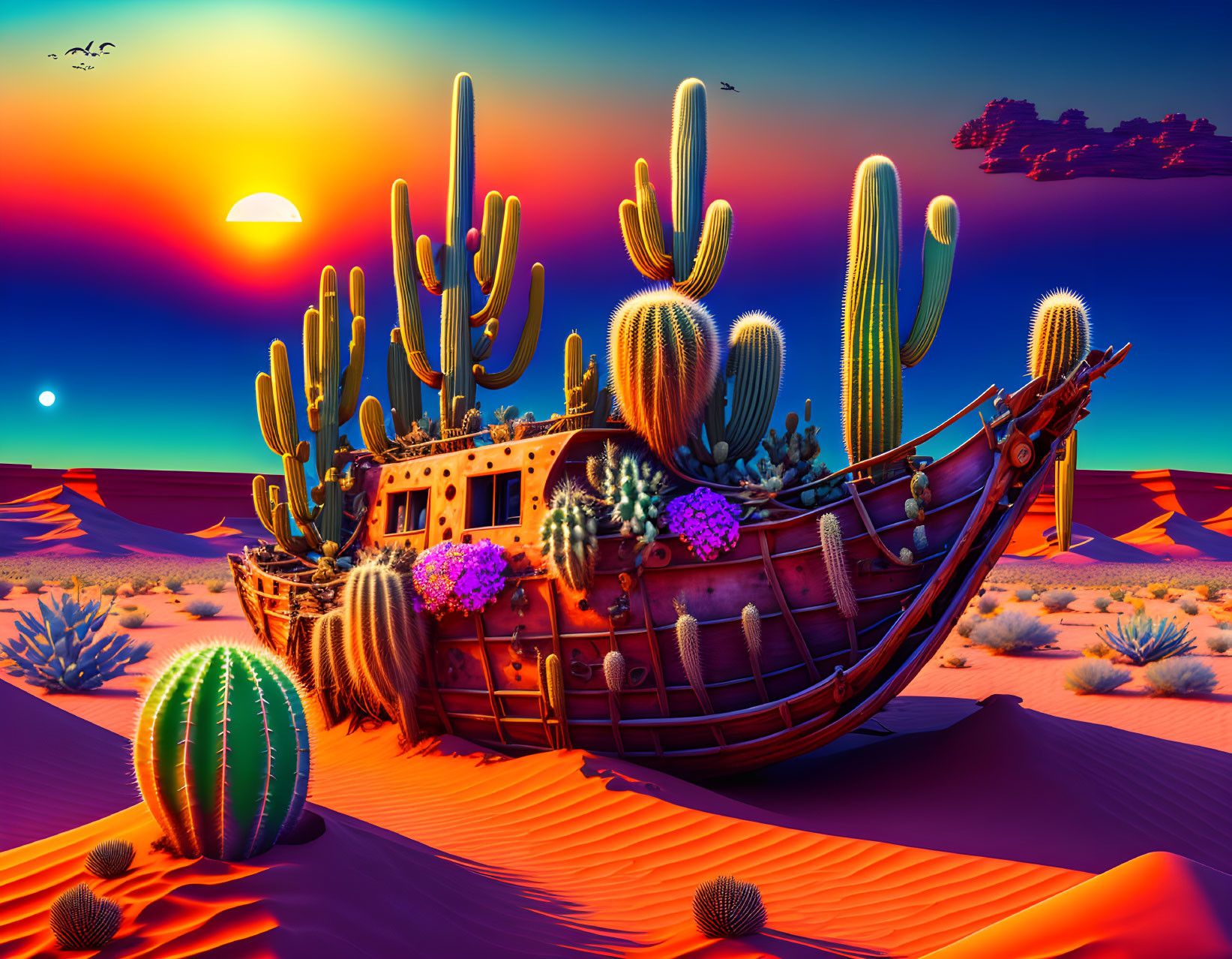 Shipwreck in desert with cacti under vibrant sunset and moon