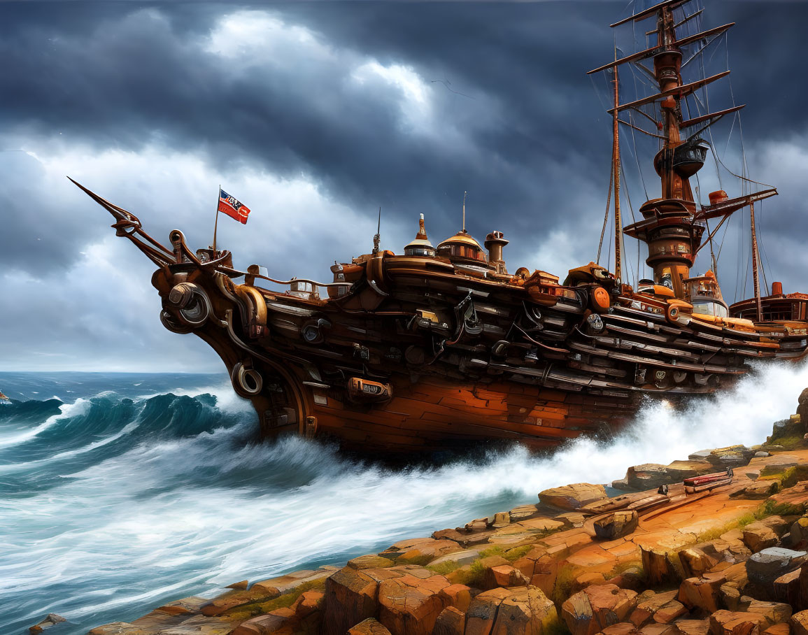 Wooden ship navigating stormy seas with cannons ready