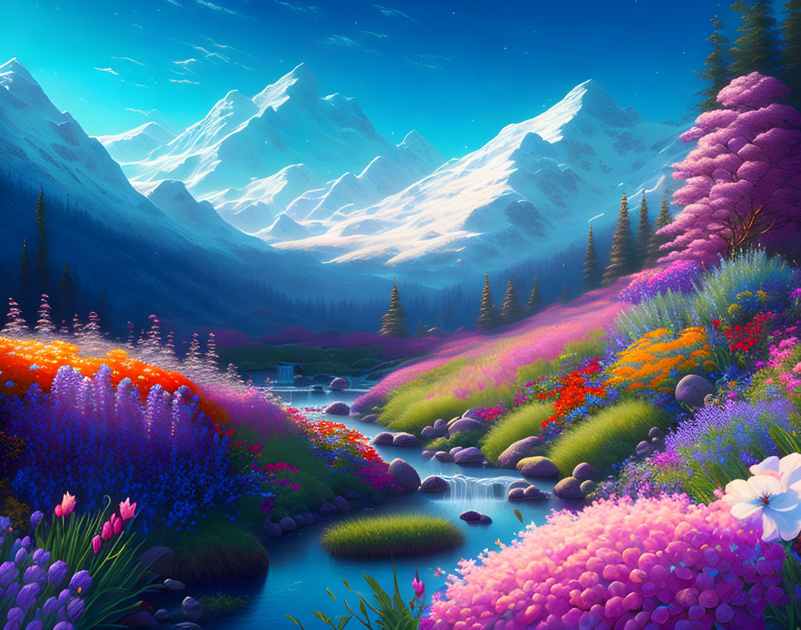 Colorful Flowering Fields, Serene River, Snow-Capped Mountains: Vibrant Landscape Scene