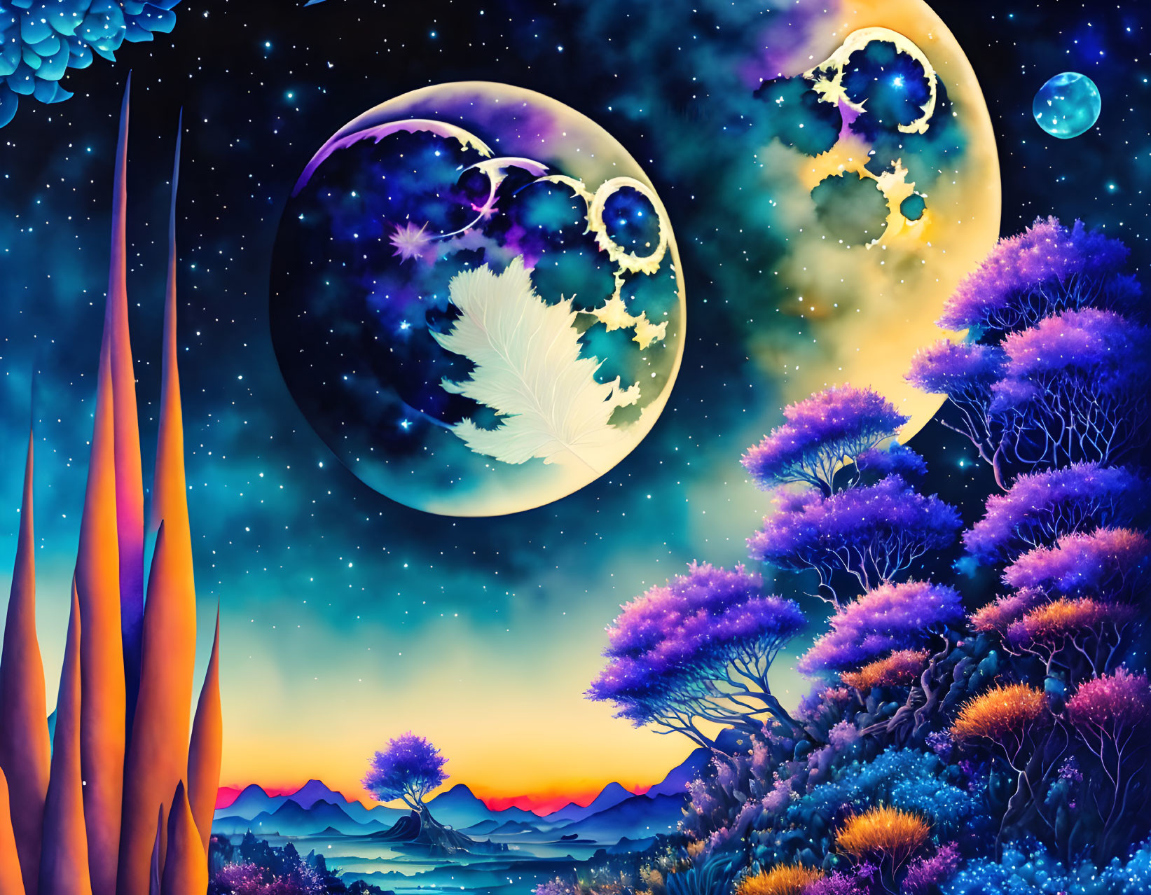 Colorful fantasy landscape with purple foliage, orange rocks, and multiple moons