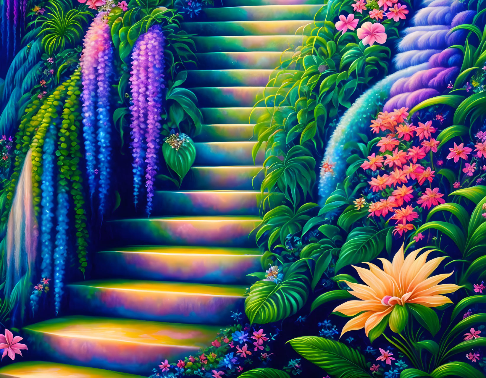 Colorful Staircase Surrounded by Lush Foliage and Flowers