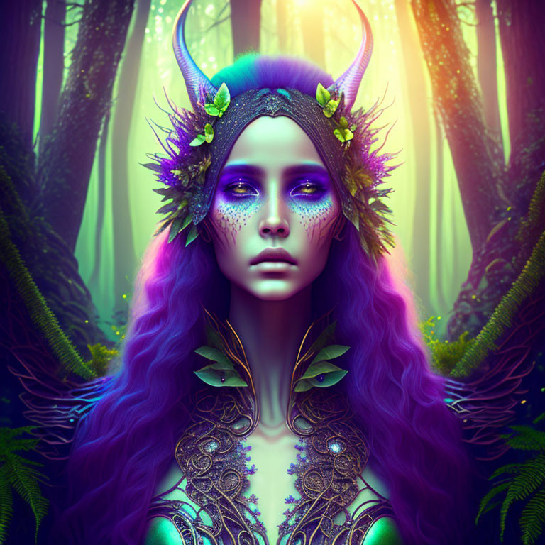 Purple-haired woman with horns in enchanted forest.
