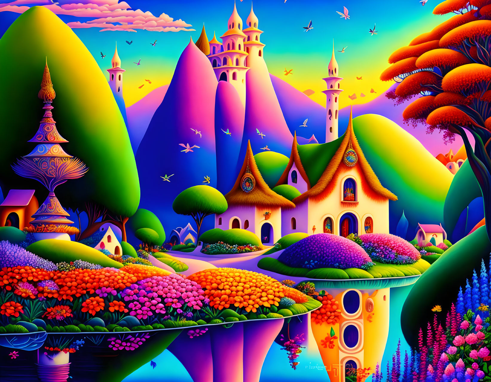 Colorful fantasy landscape with castles, trees, flowers, river, and birds