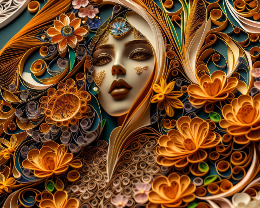 Colorful digital artwork: Woman's face blended with swirling patterns and orange flowers