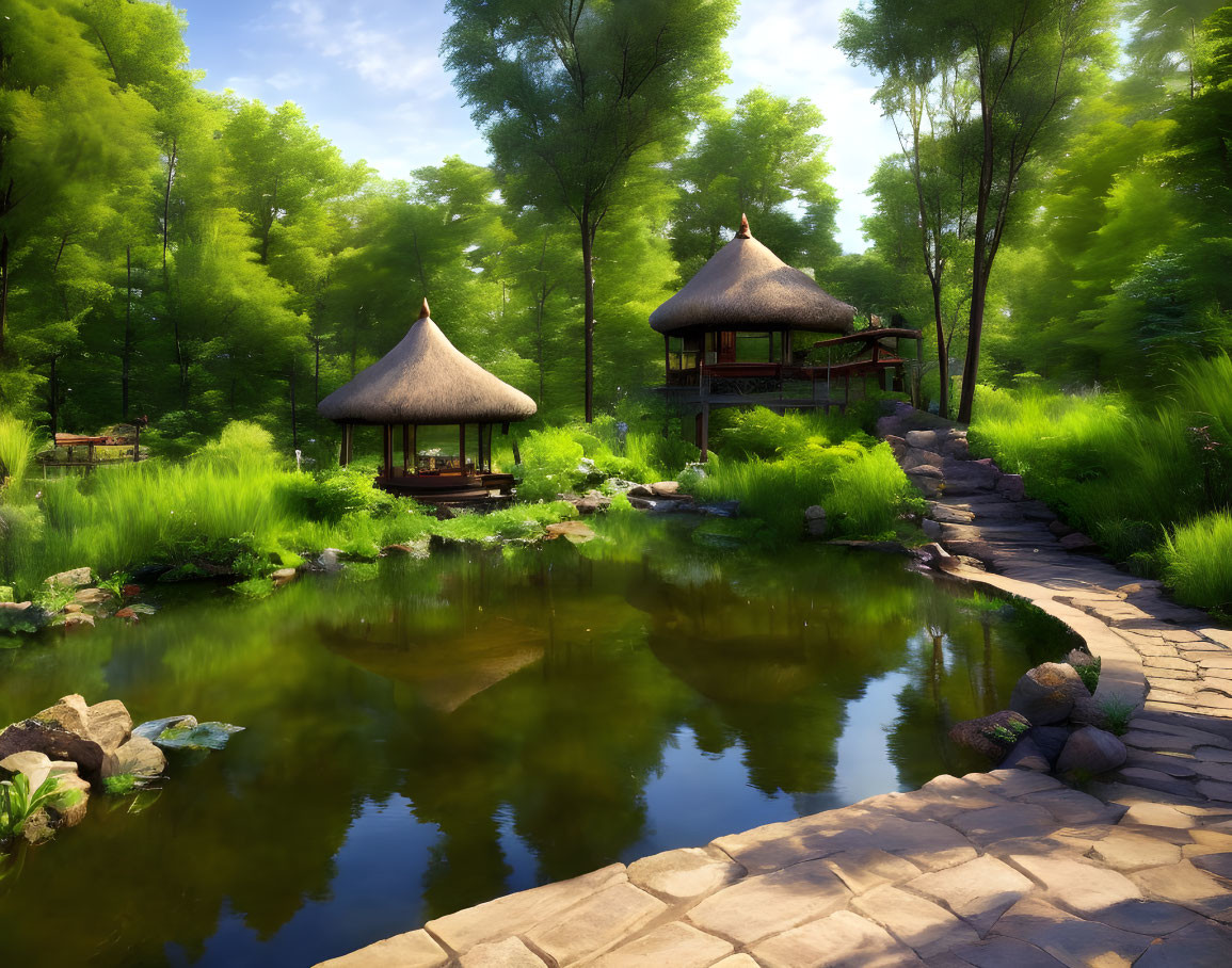 Tranquil forest scene with stone pathway, huts, and pond