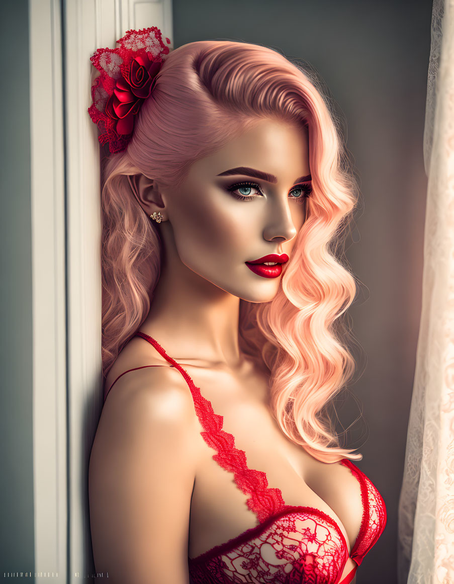 Pink-haired woman in red lace outfit by window with rose accessory