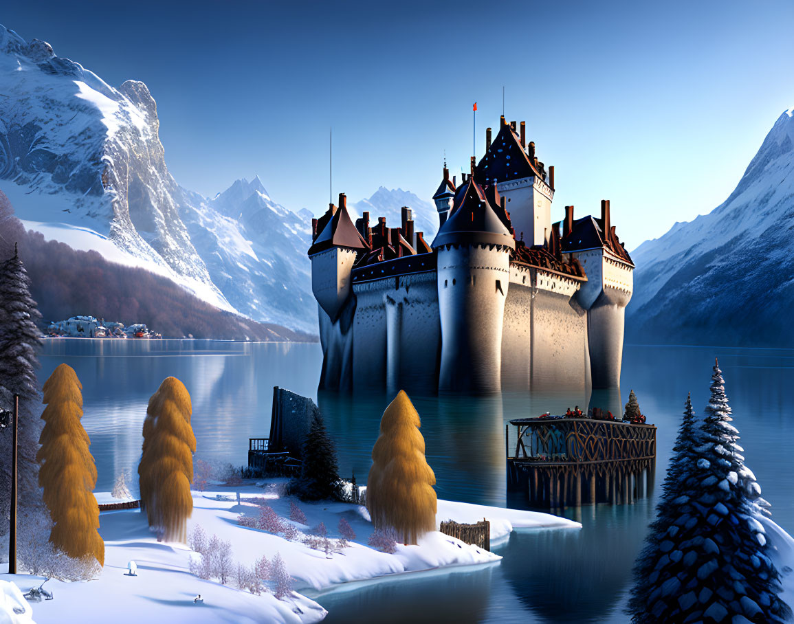 Majestic castle with multiple towers on lakeshore and snowy mountains backdrop