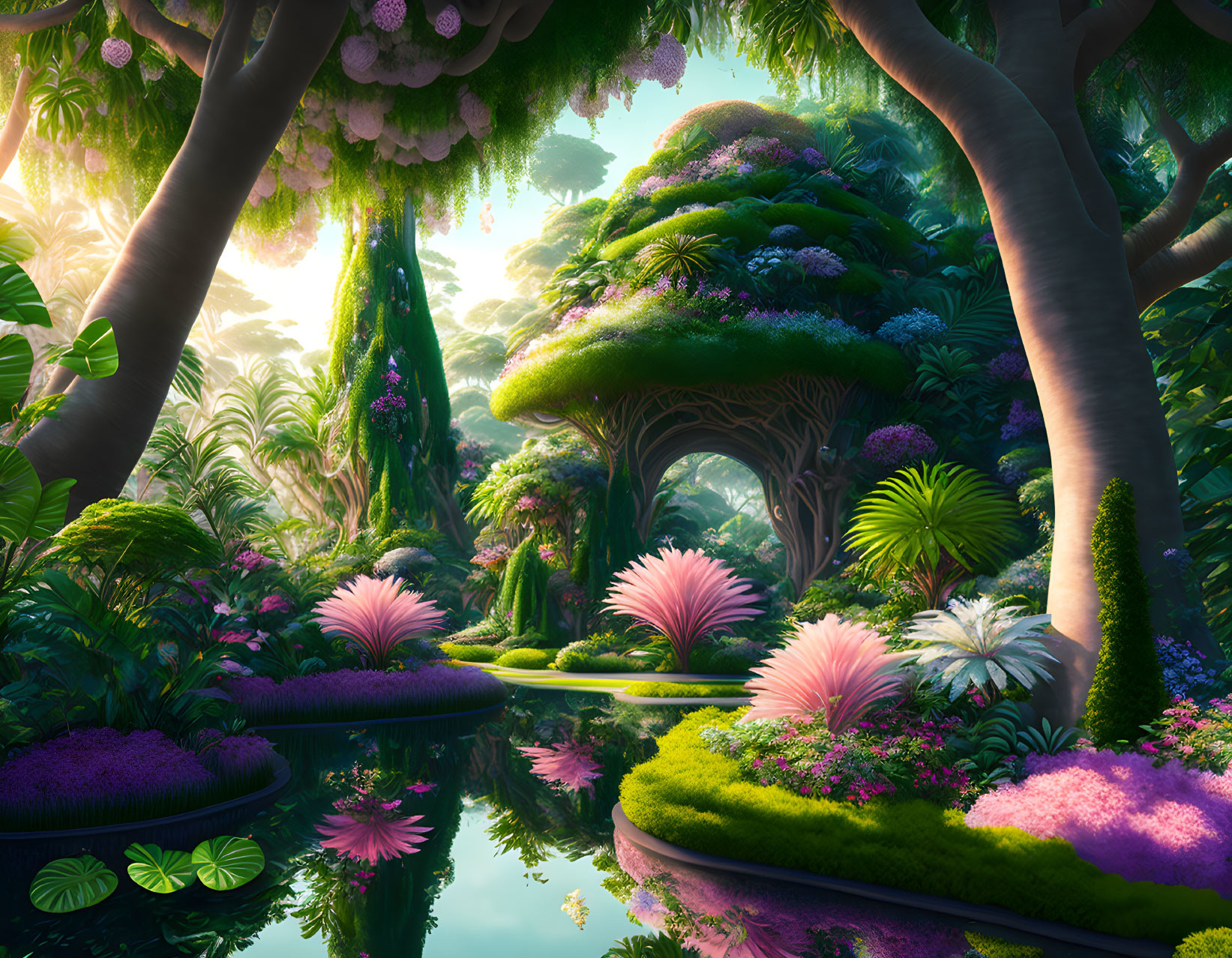 Vibrant flora and whimsical trees in serene fantasy forest