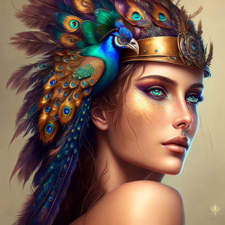 Colorful digital portrait of woman with peacock feather headdress & golden crown