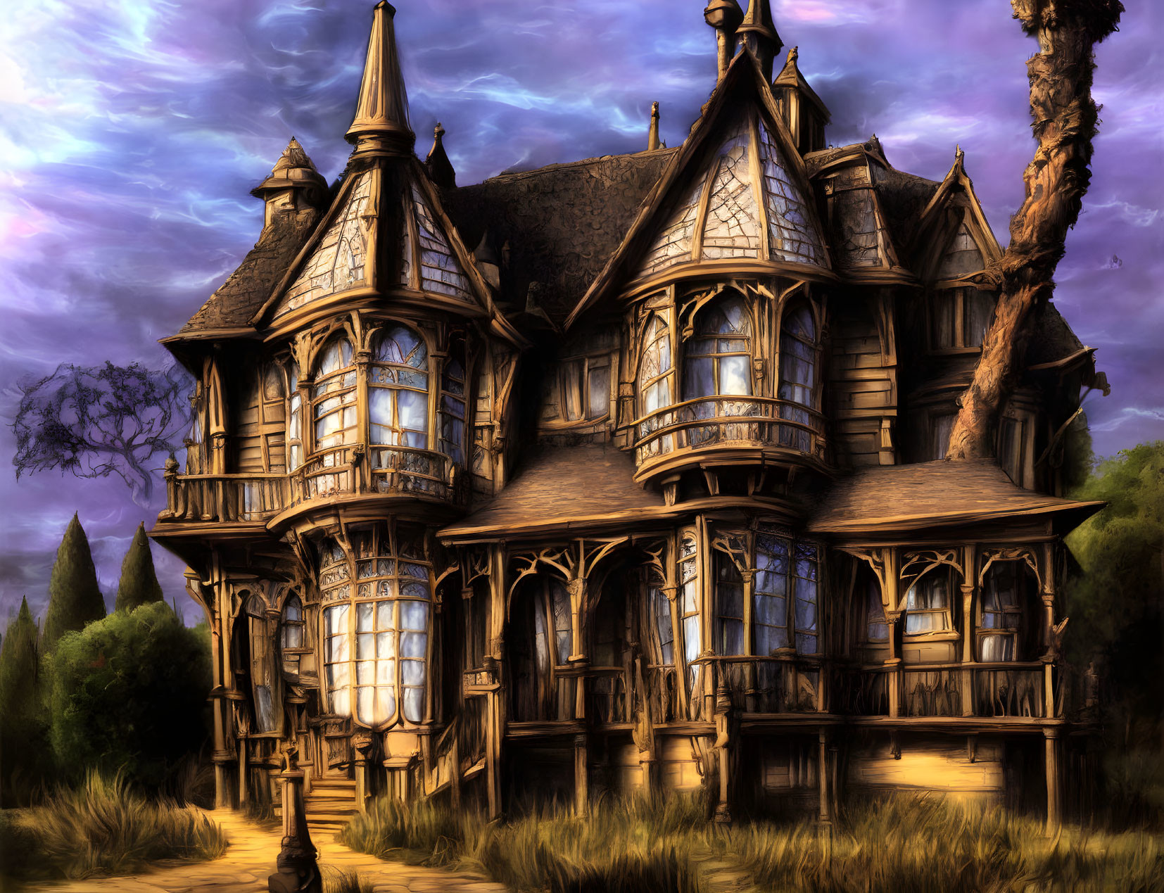 Victorian-style house with multiple gables and ornate wooden trimmings in a dusky landscape
