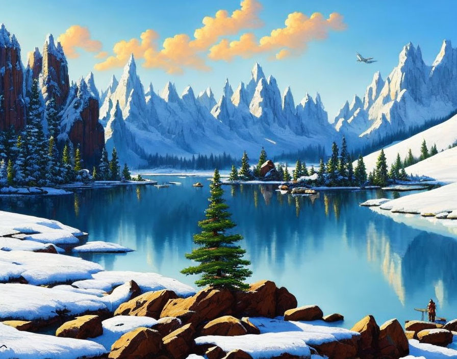 Snowy forest, tranquil lake, cabin, person by water in serene winter landscape