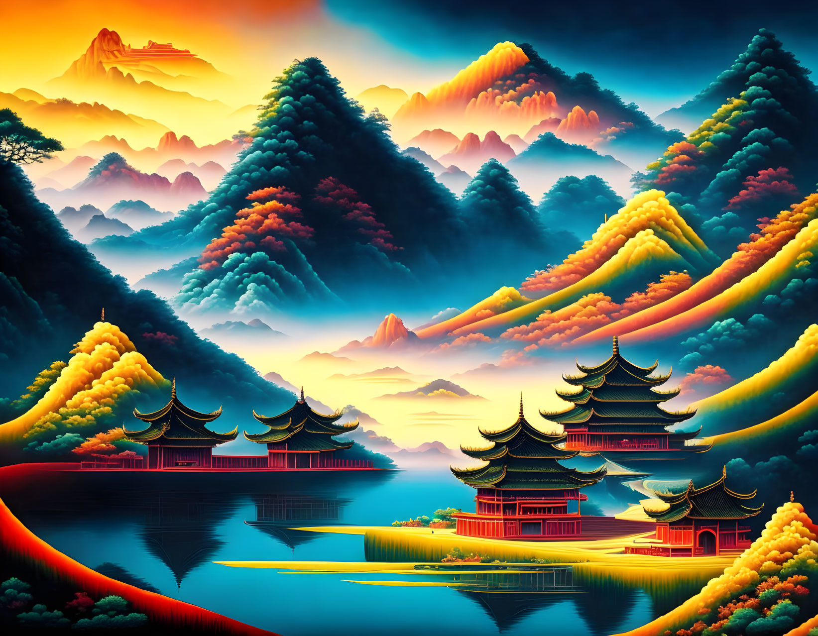 Surreal Asian pagodas in vibrant, colorful landscape with serene lake