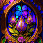 Elaborate floral stained glass art with jewel-toned colors