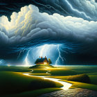 Stormy Night Landscape with House on Hilltop & Lightning