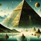 Surreal landscape with pyramids, mountains, and celestial bodies