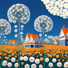 Vibrant village scene with orange-roofed houses and dandelions in field