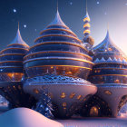 Snow-covered cityscape with futuristic cone-shaped buildings at twilight