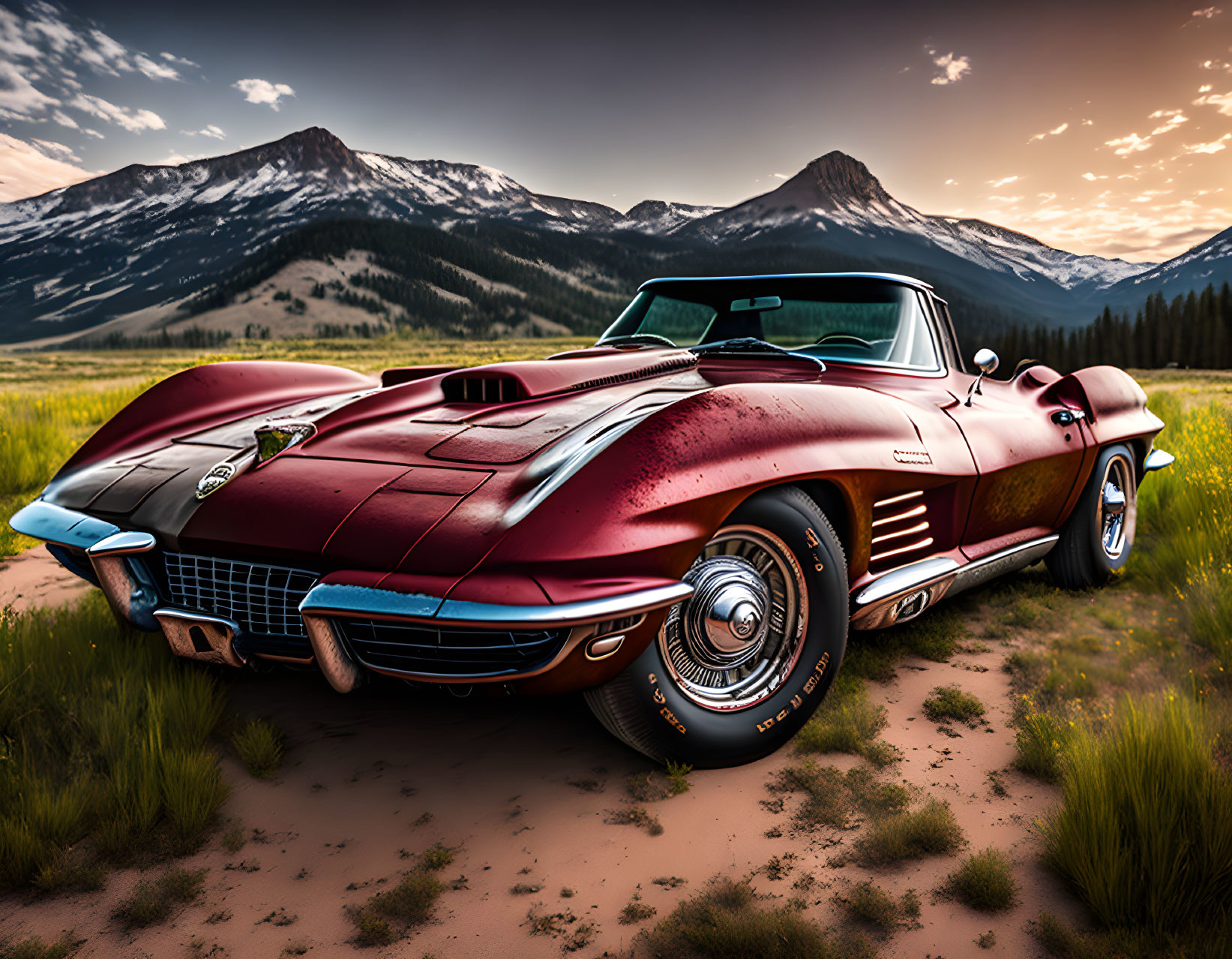 Red Corvette Convertible in Scenic Field with Sunset Sky
