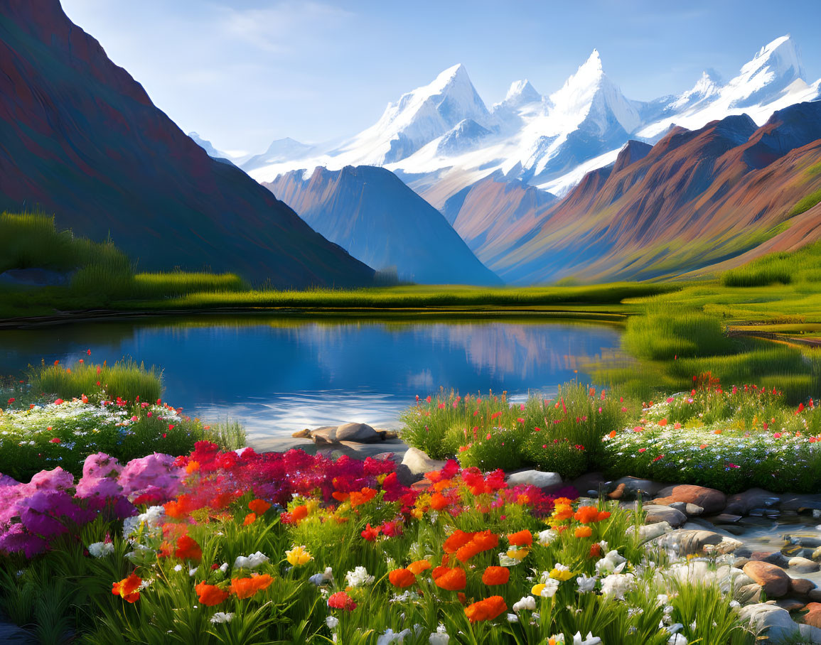 Serene mountain landscape with colorful flowers, lake, and snow-capped peaks
