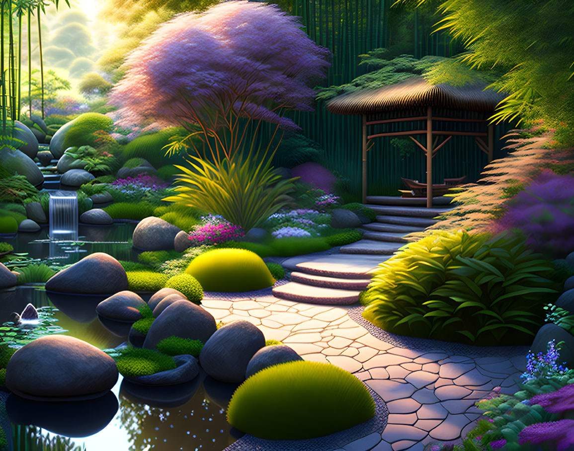 Tranquil Japanese garden with bamboo structure, pond, cherry blossom tree