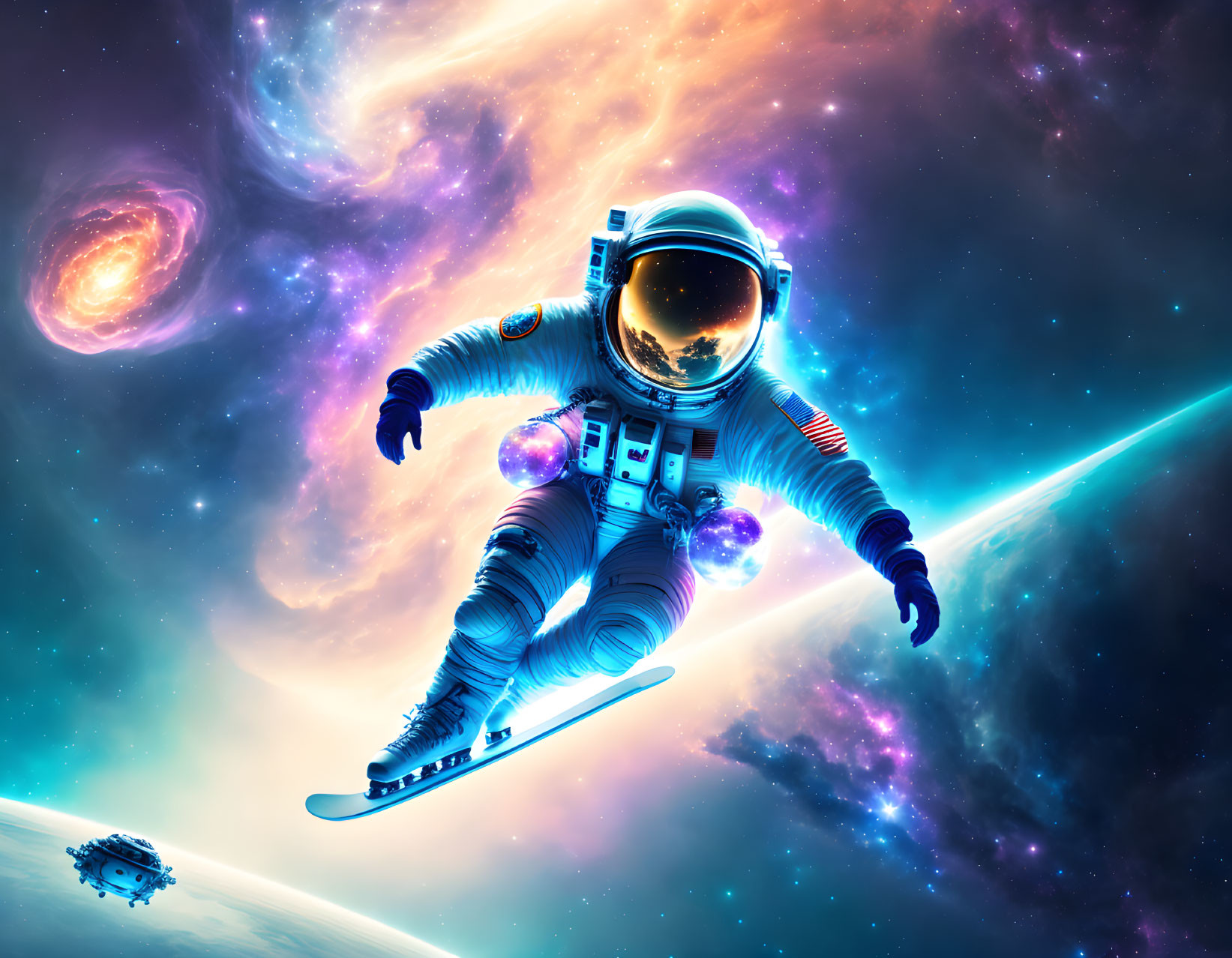 Astronaut snowboarding in space with cosmic clouds and comet backdrop