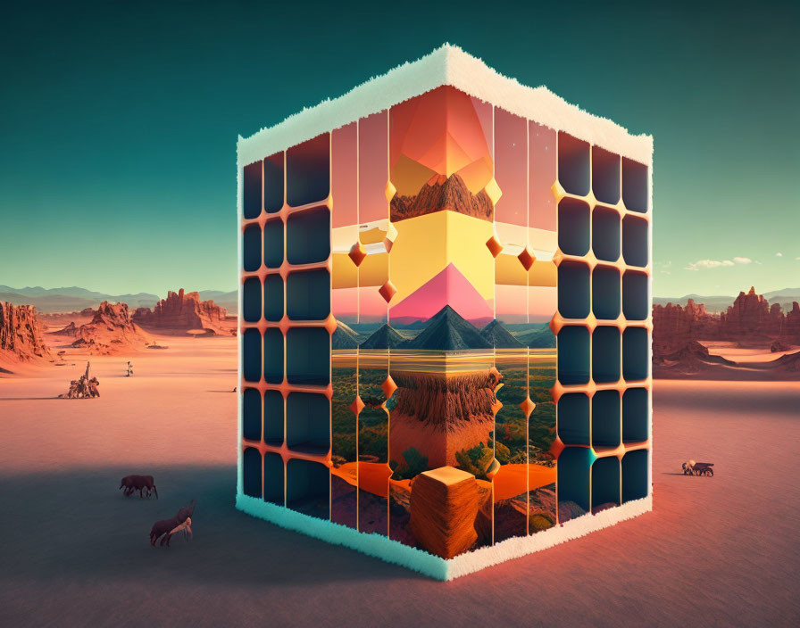 Surreal cubic structure in desert landscape with framed natural scenes and camels