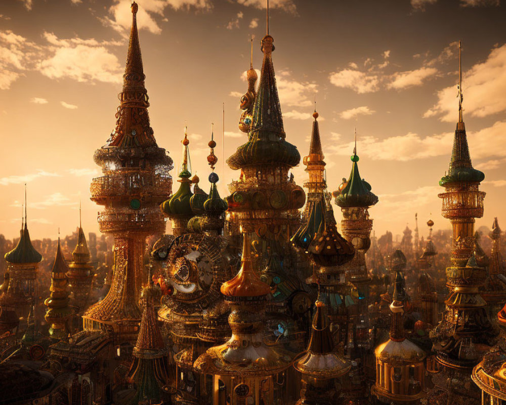 Fantastical cityscape with glowing towers and spires at sunset
