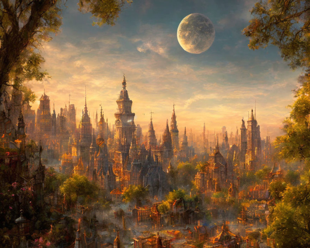 Fantasy cityscape with towering spires under large moon and lush sunset foliage.