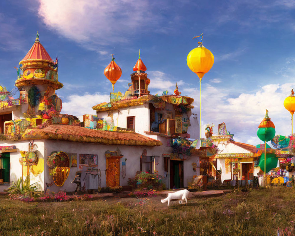 Whimsical, colorful building with ornate towers and balloons against blue sky
