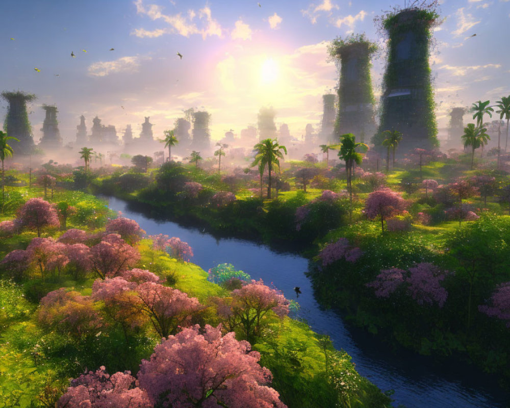 Fantasy landscape with lush greenery, pink trees, ancient ruins, river, birds, and sun