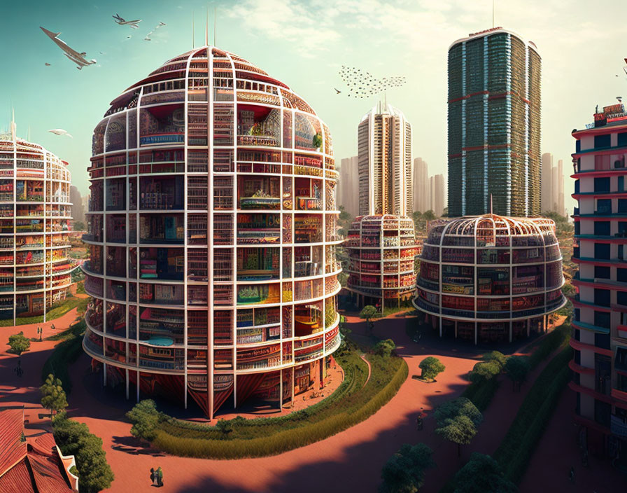 Futuristic cityscape with green terraces, cylindrical towers, lush vegetation, and flying vehicles.