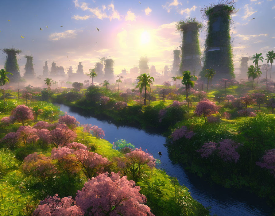 Fantasy landscape with lush greenery, pink trees, ancient ruins, river, birds, and sun