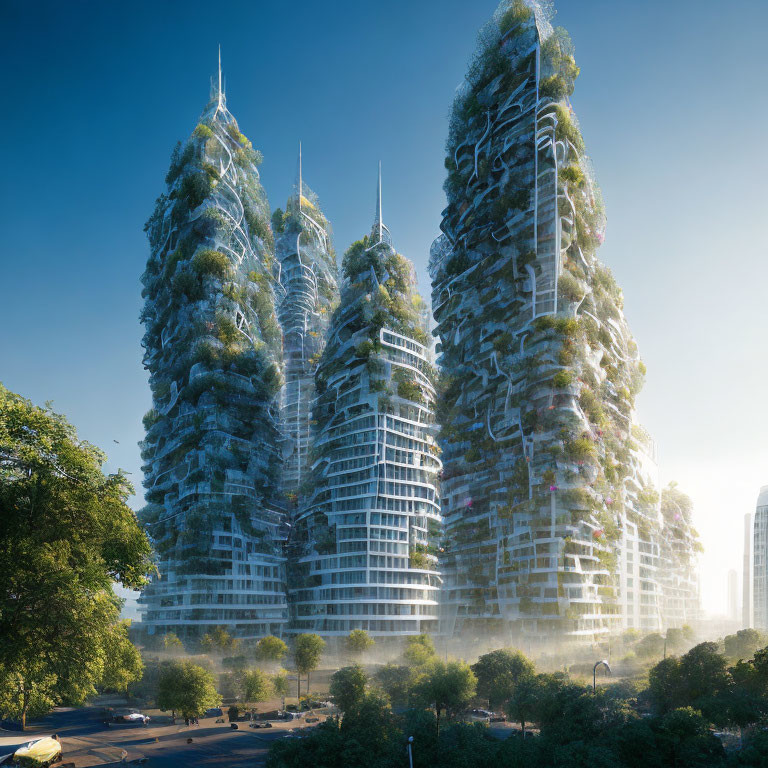 Modern skyscrapers with greenery under blue sky: urban architecture meets vertical forests.
