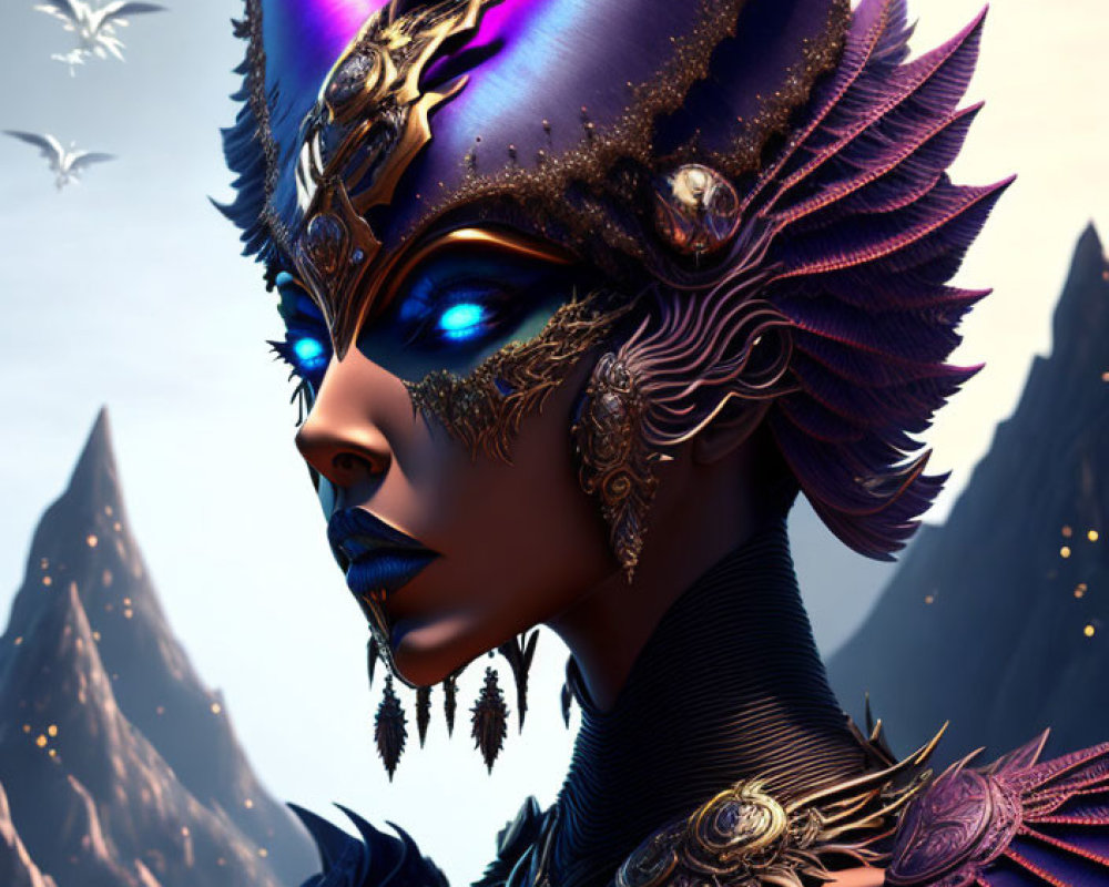 Fantasy female character with glowing blue eyes and majestic headdress.