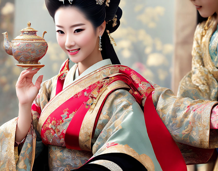Traditional Asian Attire Woman Holding Teapot Smiling
