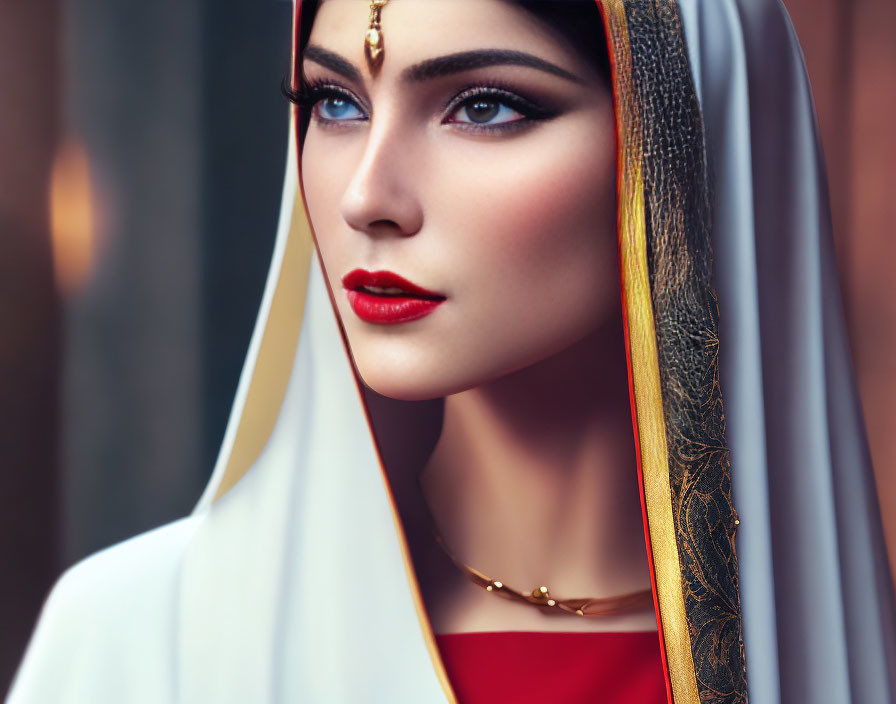 Woman with Striking Makeup and Gold Headpiece Under White Veil
