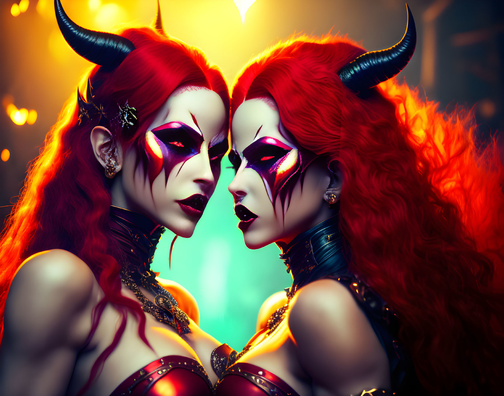 Two women with red hair and demon-style makeup in fantasy setting