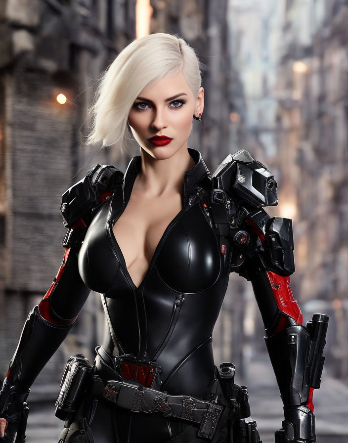 White-Haired Woman in Black Bodysuit with Mechanical Arms in Dystopian Cityscape