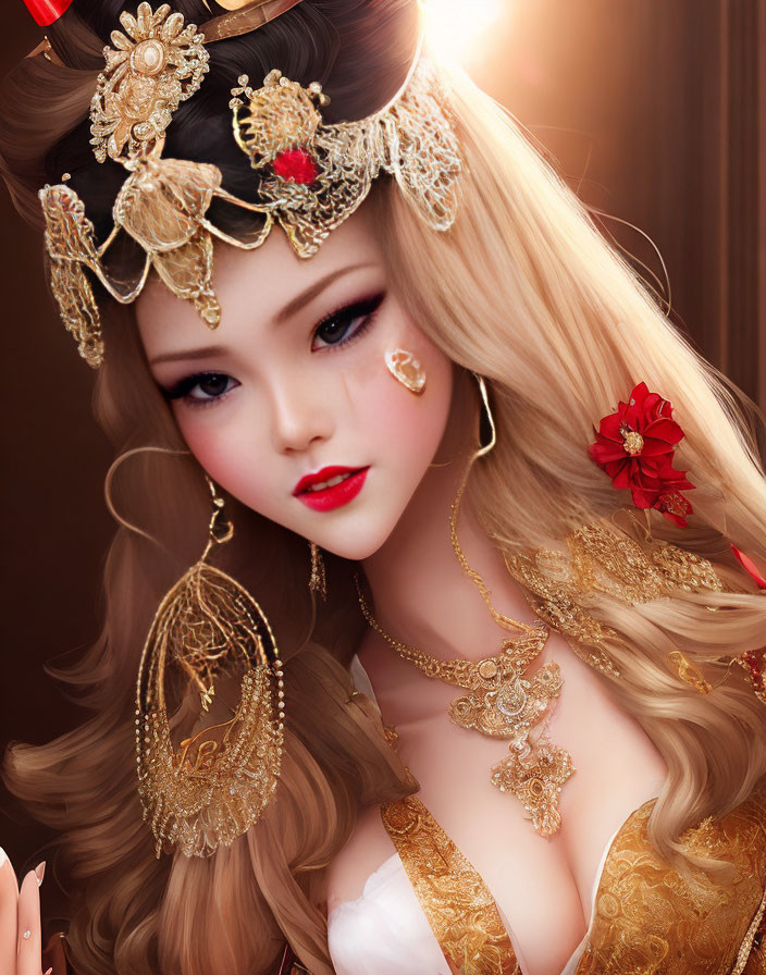 Illustrated woman with long blonde hair and ornate jewelry in traditional attire.