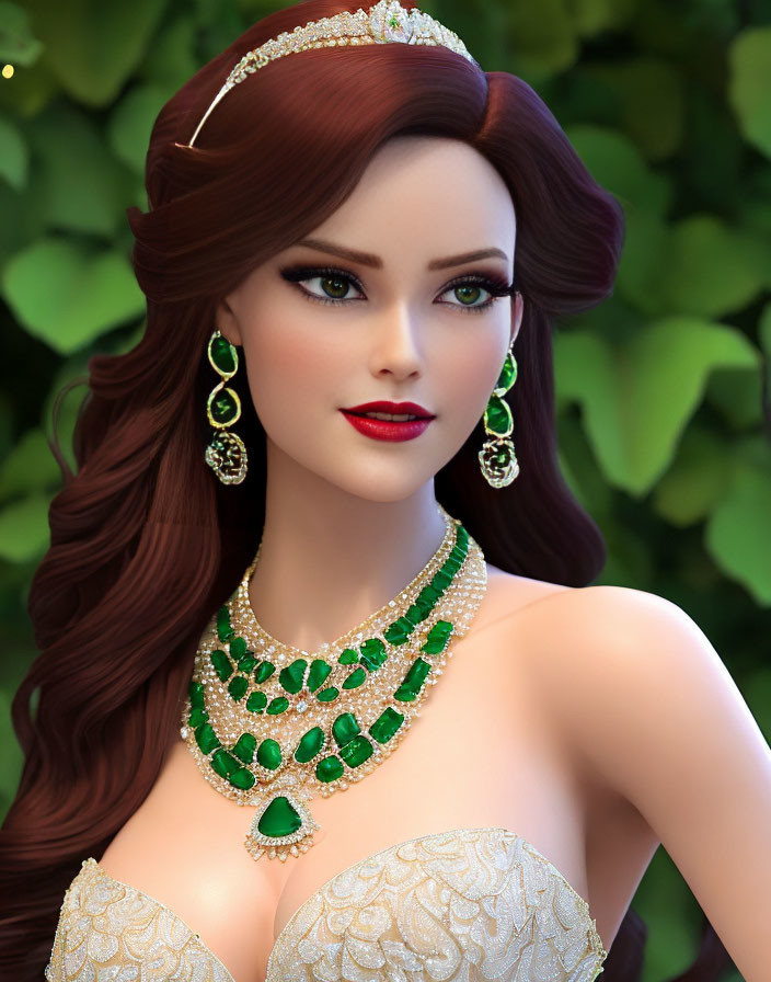 Digital artwork featuring woman with auburn hair, tiara, earrings, and necklace on green backdrop