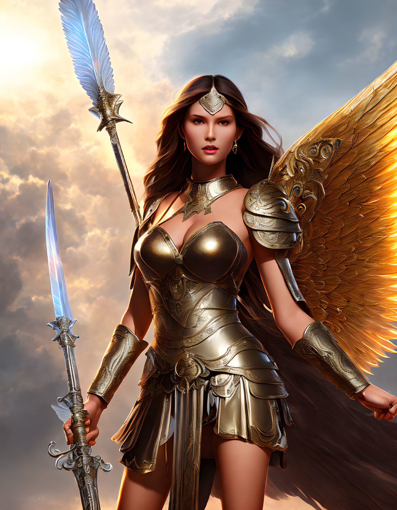 Female warrior in golden armor with wings, sword, and quill under dramatic sky
