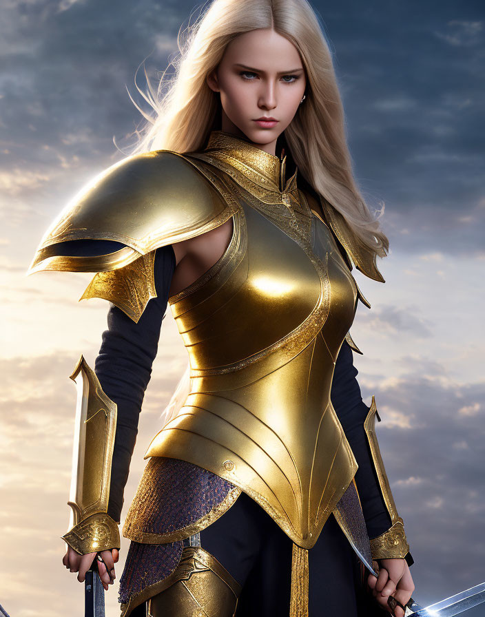 Blonde warrior in golden armor with sword under dramatic sky