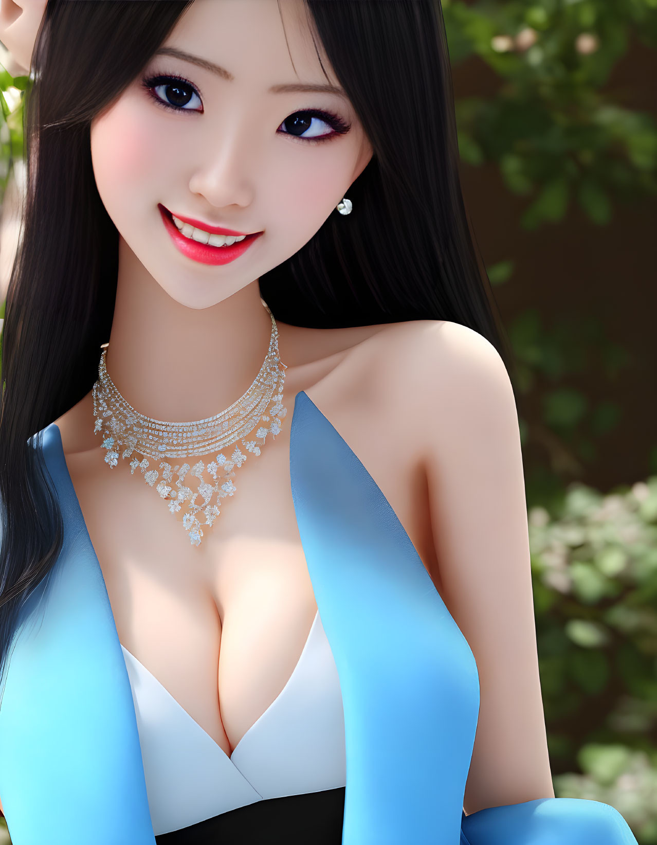 Digital portrait of woman with long black hair, sparkling jewelry, blue and white outfit, blurred green background