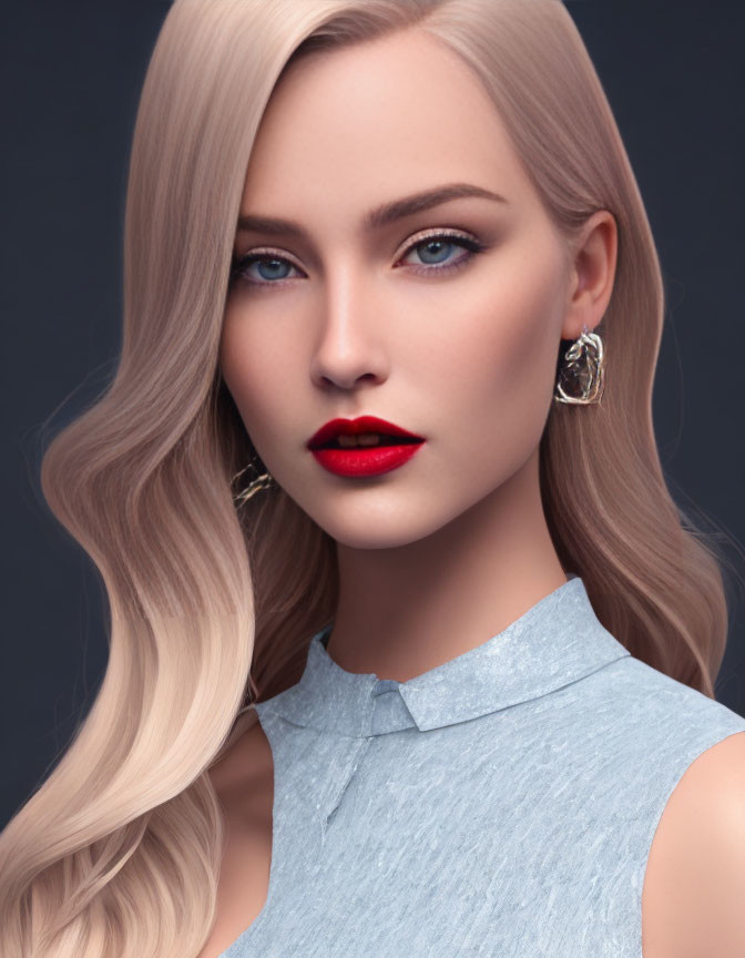 Blonde woman portrait with blue eyes and red lipstick