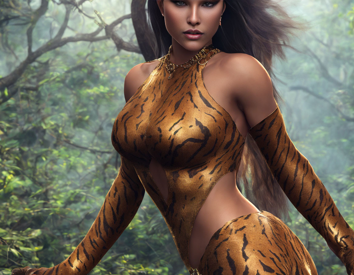 Digital artwork: Woman with tiger-striped body paint in jungle setting