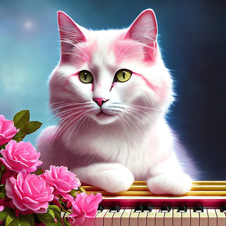 White and Pink Cat with Green Eyes Next to Pink Roses in Digital Art